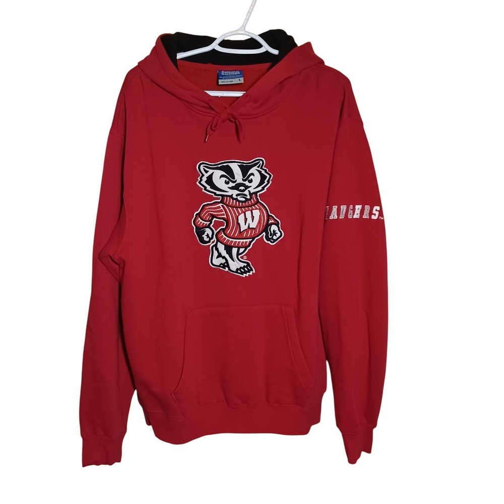 Vintage Wisconsin Badgers L Red Sweatshirt Pullover Hoodie Embroidered Bucky Fan